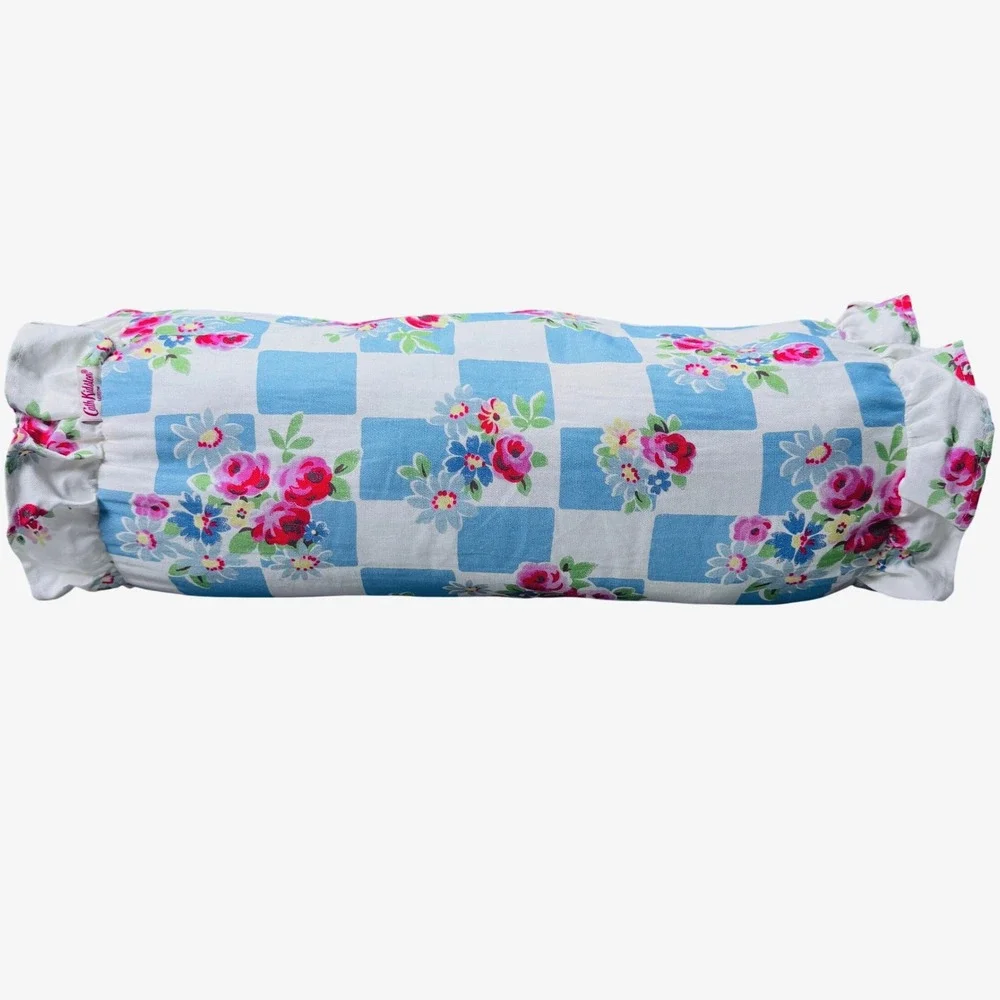 Cath Kidston London Blue Gingham Rose Floral Ruffle Bolster Pillow Cottagecore